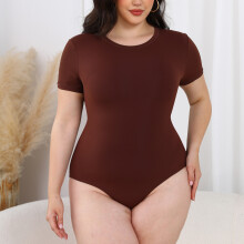 (Brown - small round neck, XS) Body modelujące Mist z krótkim rękawem i podwójną warstwą stretchu dla kobiet i bielizna modelująca sylwetkę