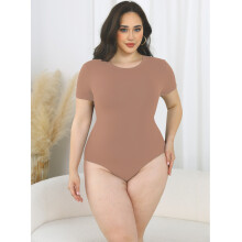 (Short-sleeve skin color, XL) Obcisły kombinezon bez rękawów, jednolity, okrągły dekolt, body w kolorze cielistym i mglistym
