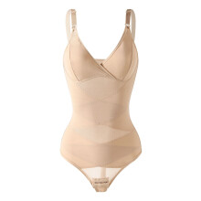 (Skin color thong style, M) V-Neck Bodysuit: Light Shaping, Tummy Control, Hip Lift, Body Sculpt, Gathering, Chest Support & Mesh