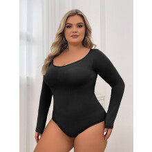 (Black, XL) Nahtloser Damen-Body, Po-Lifting, Figurformend, Langarm, Dreieckknopf-Shapewear