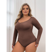 (Brown, M) Nahtloser Damen-Body, Po-Lifting, Figurformend, Langarm, Dreieckknopf-Shapewear
