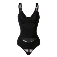 (Black thong style, 2XL) Body mit V-Ausschnitt: Leichte Formgebung, Bauchkontrolle, Hüftlifting, Körperformung, Raffung, Bruststütze & Mesh