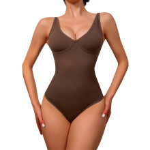 (Brown, 3XL) Body bezszwowe z głębokim dekoltem w serek: seksowny model wyszczuplający talię, modelujący brzuch i podtrzymujący piersi