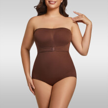 (Brown, 0XL) Plus Women's Invisible Strap Bodysuit with Tummy Control, Butt Lift, Hook-and-Eye Closure, Waist-Cinching Shapewear