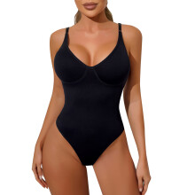 (Black, M) Deep V Seamless Thong Bodysuit: Sexy Waist Slimmer, Tummy Control & Breast Support Shapewear