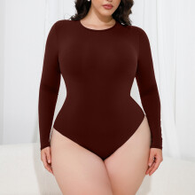 (Brown - small round neck, XS) Langermet damebody med to lag, høy elastisk magekontroll, kroppsformer for yoga, sportsbody