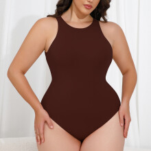 (Brown, 3XL) Dobbeltlags høyelastisk slank ermeløs thong-bodysuit myk rund hals tettsittende