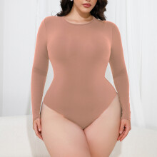 (Skin color - small round neck, XL) Long Sleeve Women's Double-Layer Shaping Bodysuit High Elastic Tummy Control Body Shaper Yoga Sports Bodysuit