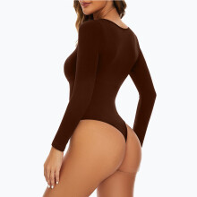 (Brown thong style, XL) Women's Long Sleeve Seamless Body Shaper Fitted Bodysuit