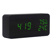 Réveil numérique en bois avec chargement sans fil, design décoratif moderne, surface élégante en bois veiné, affichage LED avec fonctions de