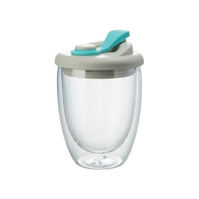 Mug isotherme en verre à double paroi, idéal pour les voyages et la maison. Couvercle en silicone, design élégant et verre borosilicate sûr.