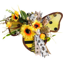Letrero amarillo para porche de granja, colgante de puerta con corona de abejas con abejorros dorados, pétalos de girasol y hojas verdes para