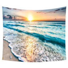 Tapisserie murale bohème en tissu doux et résistant, motif paysage marin avec vagues et coucher de soleil, idéale pour le salon et la chambre.
