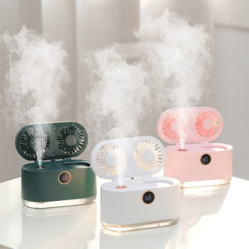 WT-818 Dual-leaf Spray Smart Digital Display Desktop Fan Night Light Humidification Cooler(White)HY 1