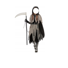 Costume Faucheuse fille 5-7 ans avec robe, cape, faux, chaîne et accessoires, idéal Halloween, fêtes horreur et jeux de