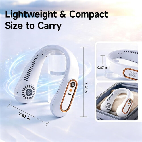 Ventilateur cou blanc sans pales, 5 vitesses écran LED rechargeable
