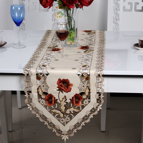 Table Runner Contemporary Floral Embroidery Rusty Red 1