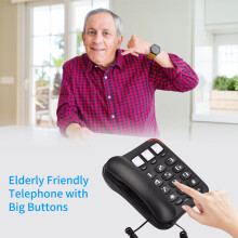 Black corded landline telephone with large buttons,