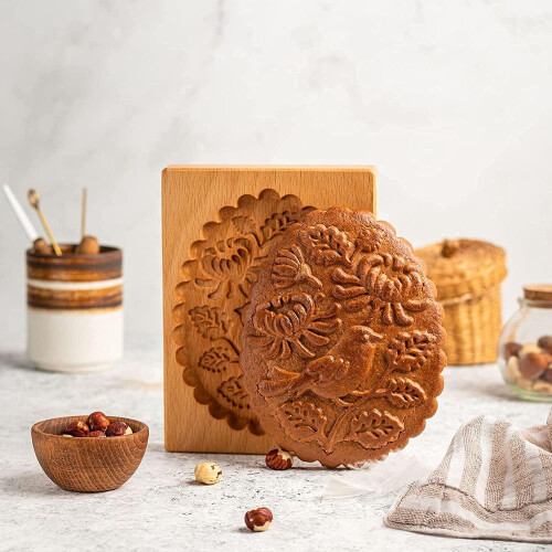 Carved Wooden Gingerbread Mold 3D Baking Stamp Set with 2