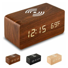 Réveil numérique élégant en bois, alimenté par USB avec chargement sans fil, affichage LED, contrôle du son, variateur d'intensité, double