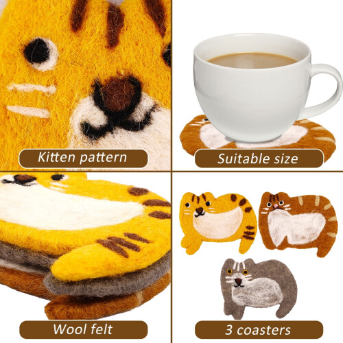Cat Wool Coasters Handmade Felt Cup Mats3Pcs11x15cm 2