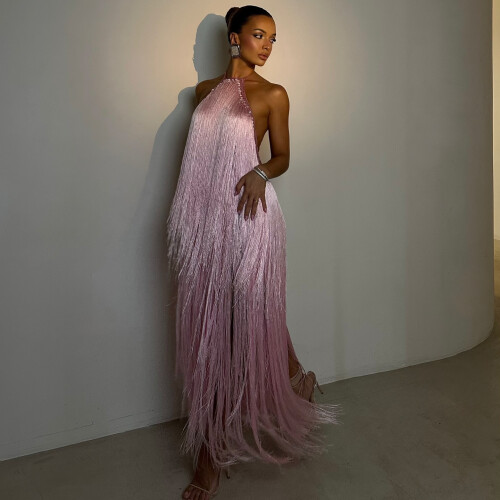 (Light Pink, M) Robe longue à franges, dos nu et décolleté GY26177 2