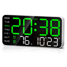 Horloge murale numérique de 24 cm (9,5 pouces), réveil LED avec grands chiffres, date, température, heure d'été, 5 niveaux de luminosité
