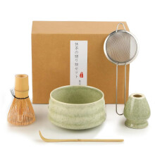 Ensemble à matcha 5 pièces en céramique et bambou avec bol, fouet, cuillère, passoire à thé et support pour les débutants en cérémonie du th