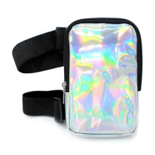 (Silver) Holographic Thigh Bag - Phone Holder Bag for Women, Men - Iridescent Ankle Pouch - Reflective Festival Party Carnival Rave Bag