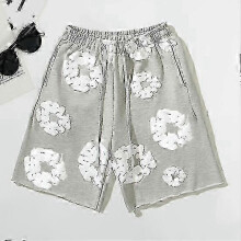 (2XL, grey) Men Shorts Flower Print Drawstring Waist Loose Pockets Pleated Beach Sport Casual Homewear Short Pants