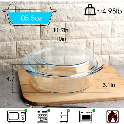 Round Glass Casserole Dish Tempered 4L with Lid 1
