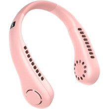 Pinkfarbener, klingenloser Nackenventilator mit 5 Geschwindigkeitsstufen, digitaler Anzeige und wiederaufladbarem USB-Akku (3000 mAh).