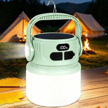 Solar-powered rechargeable LED camping lamp, 2400 mAh capacity, with hook, 6 modes, IPX5 waterproof.