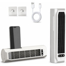 Ventilatore a torre portatile con tre velocità regolabili, ricarica USB, funzionamento silenzioso e display LED, per camera da letto, bianco