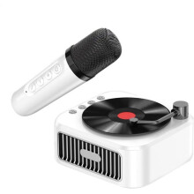 Mini-Karaoke-Set für Kinder im Vintage-Stil, kabelloses Mikrofon mit LED, kompakter tragbarer Lautsprecher für Feiern in Weiß