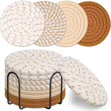 handgemaakte katoenen onderzetters met houder, rond, wasbaar en duurzaam, voor tafeldecoratie, bruin multicolor