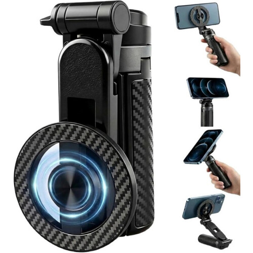 Treppiede per smartphone magnetico 4 in 1 con telecomando Bluetooth, bastone per selfie nero, supporto pieghevole e stabile