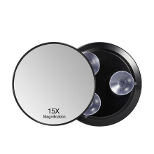 Vergrootspiegel met 15x vergroting en 3 zuignappen, make-upspiegel voor de badkamer, zwart, rond, diameter 8,5 cm, draagbaar voor dagelijks