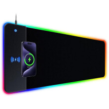 Gaming mousepad, RGB mousepad with inductive charging station (800 x 300 mm, 10 W wireless charging, 14 RGB lighting modes), washable, non-s