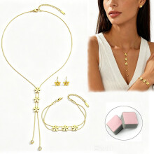 Women's Jewelry Set: Floral Necklace, Bracelet, and Earrings in Gold (Jewelry set, necklace, bracelet, and earrings in a floral design), lig