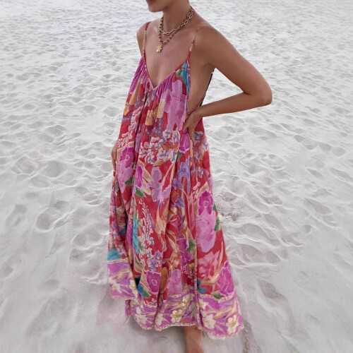 (Red, S) Robe de vacances ample à bretelles imprimées GY26007 1