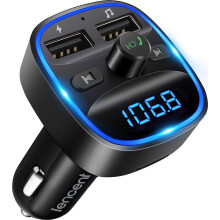 Bluetooth-FM-Transmitter fürs Auto mit blauer Ambientebeleuchtung, kabelloser Autoradio-Adapter mit Freisprechfunktion und zwei USB-C-Anschl