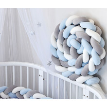 Geflochtenes Nestchen für Babybetten und Kinderbetten, 200 cm langes, geflochtenes Schlangenmuster, weiß-grau-blau