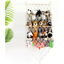 Hangmand met drie lagen en kwastjes, organizer voor knuffels, stijlvolle opbergmand voor de babykamer en slaapkamer.