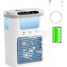 Compacte draagbare airconditioner met batterij, 4-in-1 nachtlampje, 7 kleuren, 3 snelheden en 3 nevelstanden.