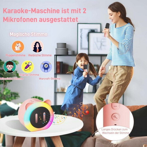 Mini Bluetooth karaokemachine met 2 draadloze microfoons (met stemvervormingseffecten en ledverlichting), draagbare Bluetooth-luidsprekerbox 2