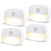 Luz nocturna LED con sensor de movimiento, paquete de 4 luces blancas cálidas que funcionan con pilas, 2 modos, luz con sensor de encendido