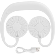 Ventilador de cuello portátil, recargable por mini USB, 3 velocidades, estilo colgante blanco para uso de escritorio.