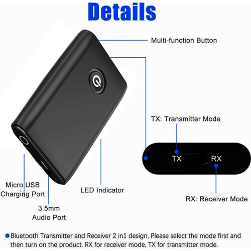 2 in 1 Bluetooth 5.0 Wireless Audio Transmitter and Receiver Adapter, 3.5 mm AUX Compatible 2