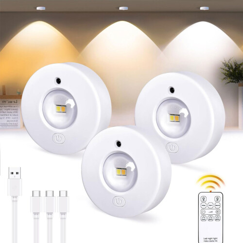 3 Pack Under Cabinet LED Light, USB Rechargeable, Dimmable with 3 Color Temperatures, Touch and Remote Control, Magnetic